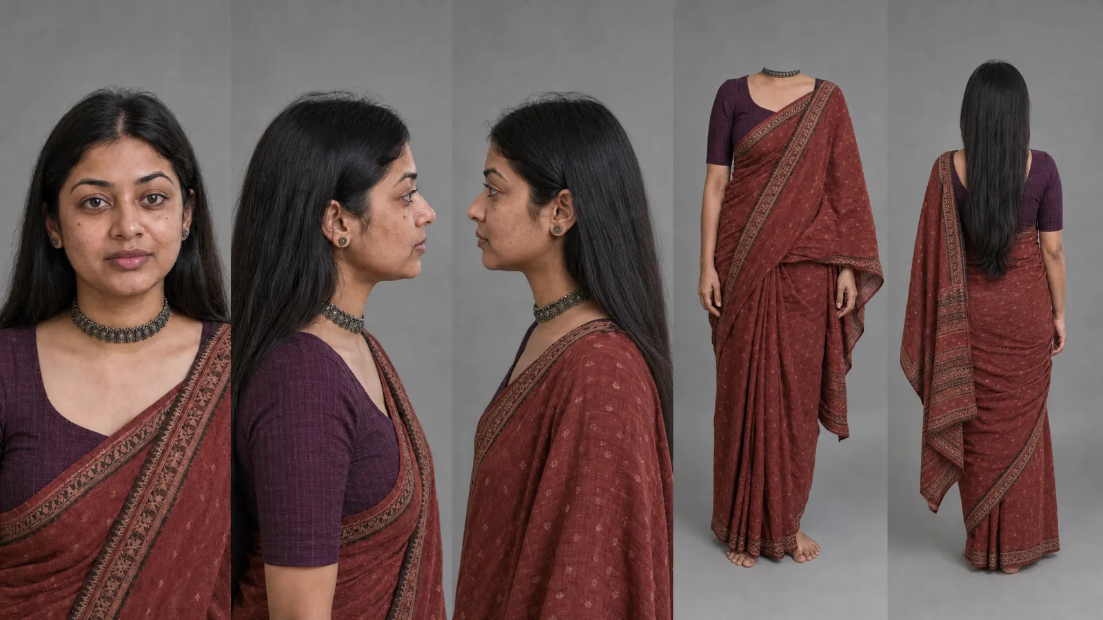 Character sheet of Devika in a handloom saree