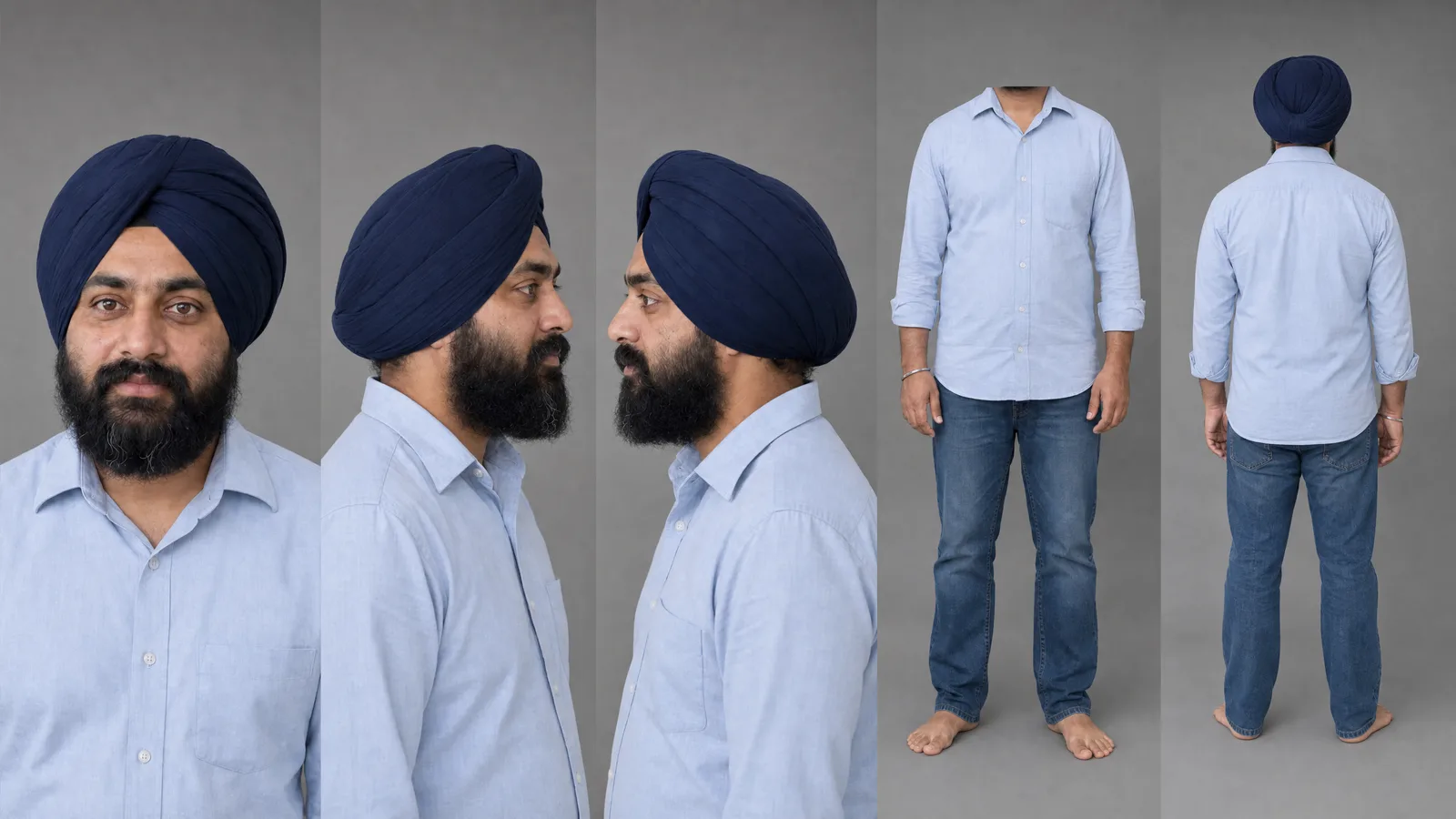 Character sheet of Harpreet, a Sikh man with a turban