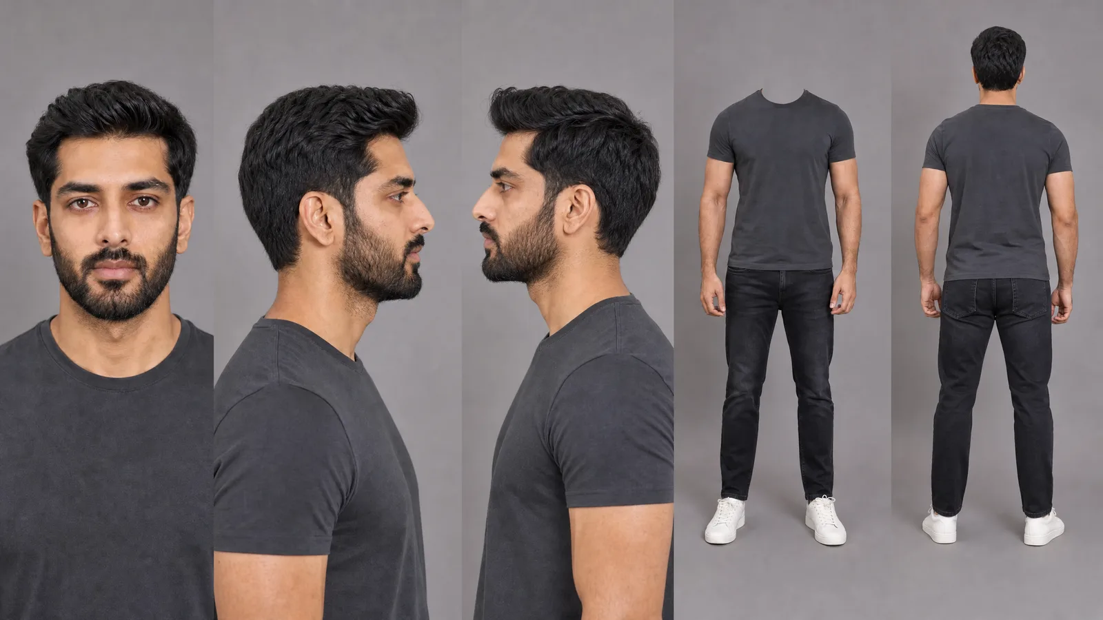 Character sheet of a handsome Punjabi man with a film-lead look