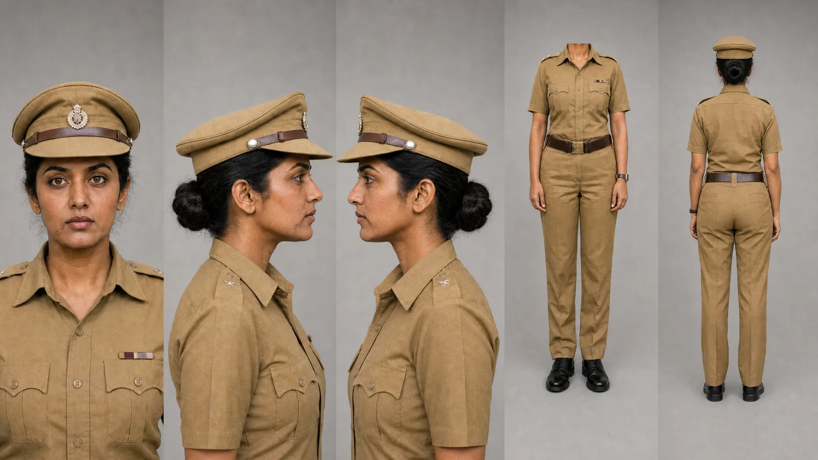 Character sheet of a woman police inspector in khaki uniform