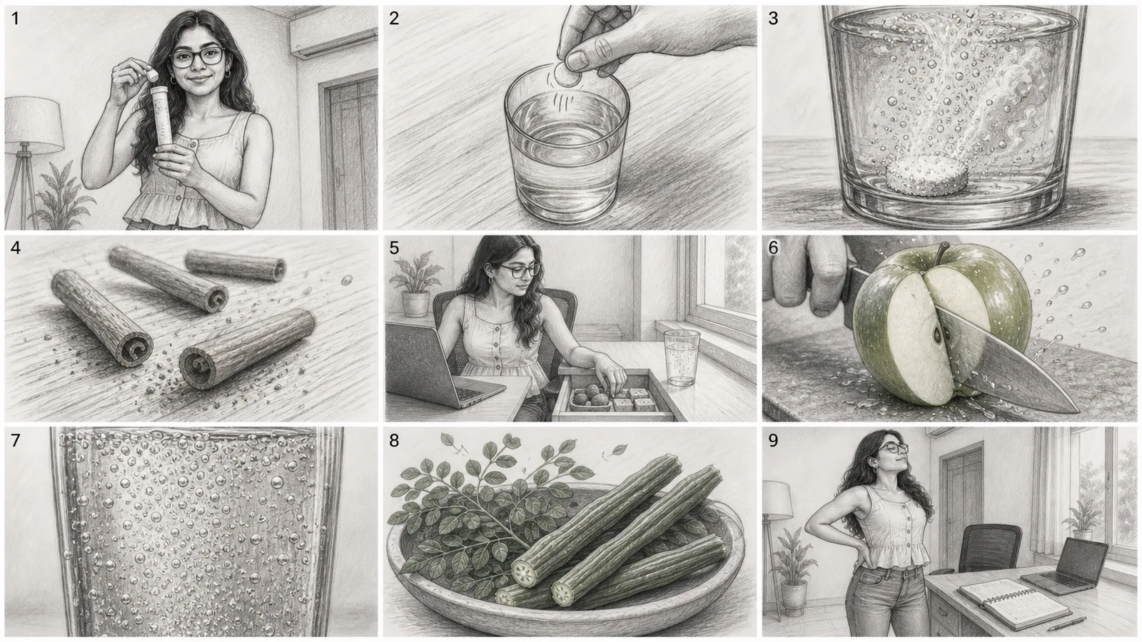 Storyboard grid 1: nine pencil panels of a woman making a fizzy apple cider vinegar drink