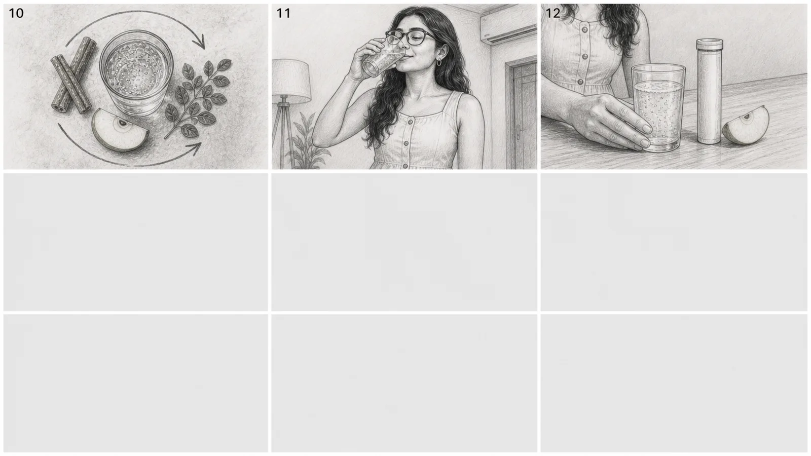Storyboard grid 2: panels 10 to 12 drawn, the other six cells left empty grey