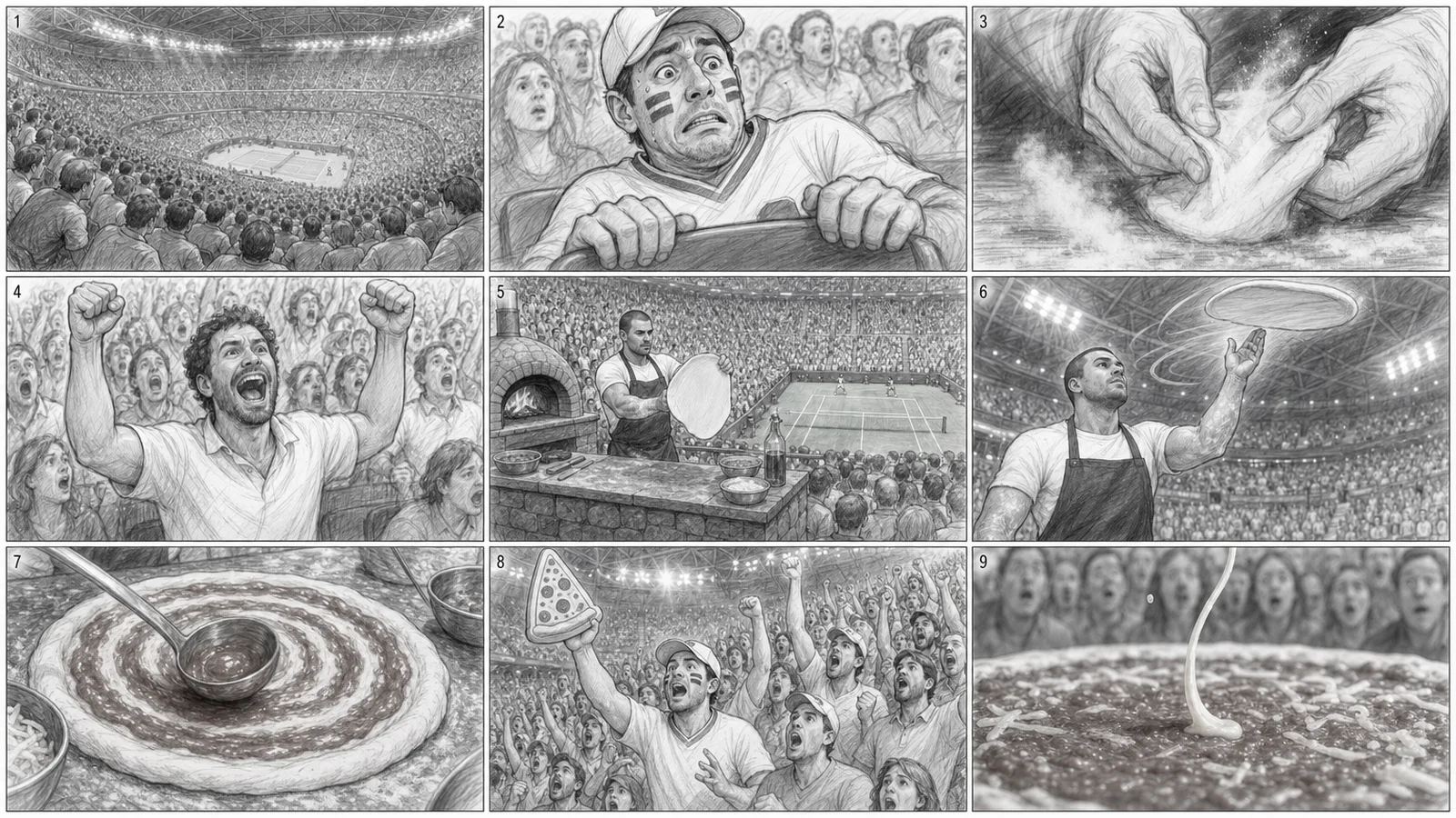Storyboard grid 1: a pizza maker spinning dough in a packed stadium