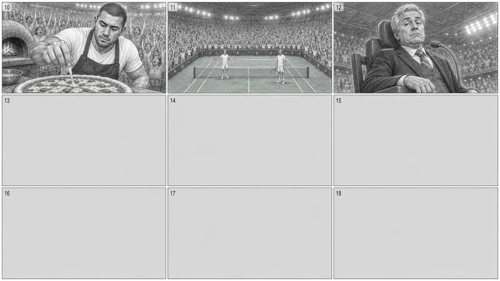 Storyboard grid 2: shots 10 to 12 drawn, cells 13 to 18 left empty