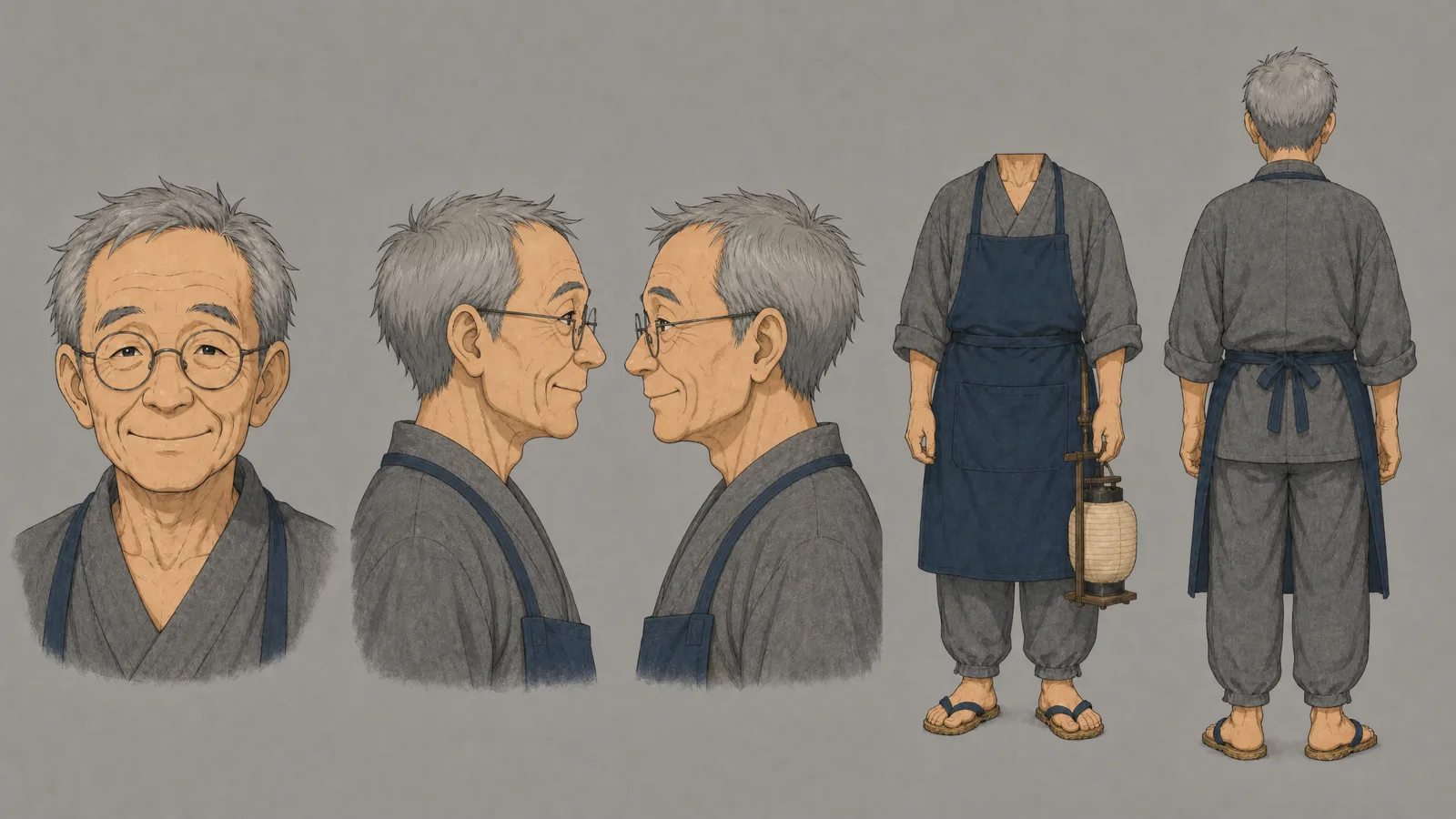 2D anime elderly man character sheet on grey