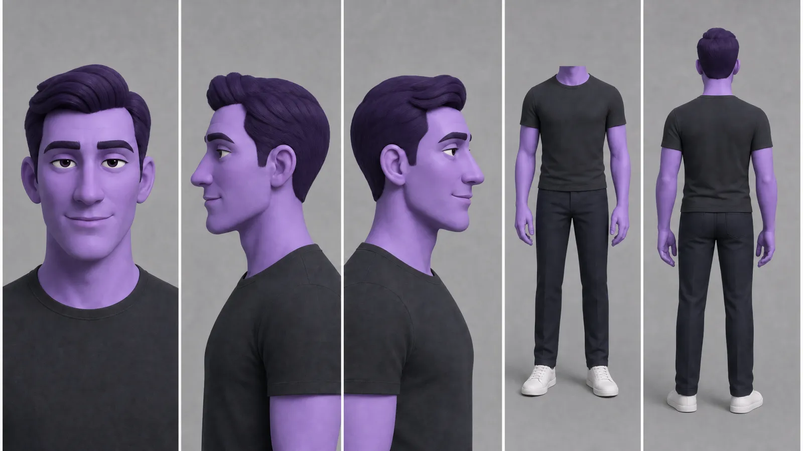 Stylized 3D man character sheet on grey